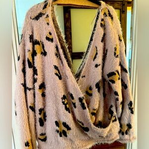 Leopard Print Fuzzy Animal Print Deep V-Neck Oversized Sweater - Sz M-XL